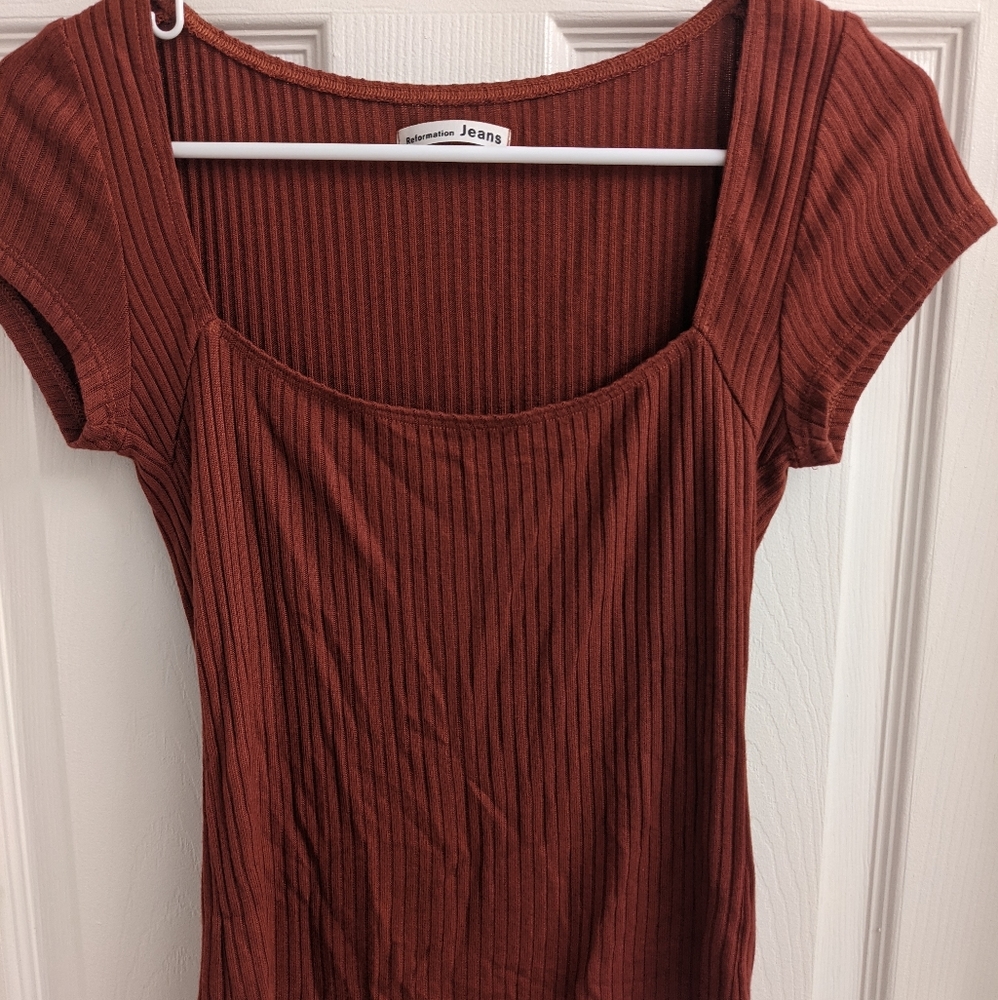 Reformation Jeans Ribbed Square Neck Burnt Red Top
